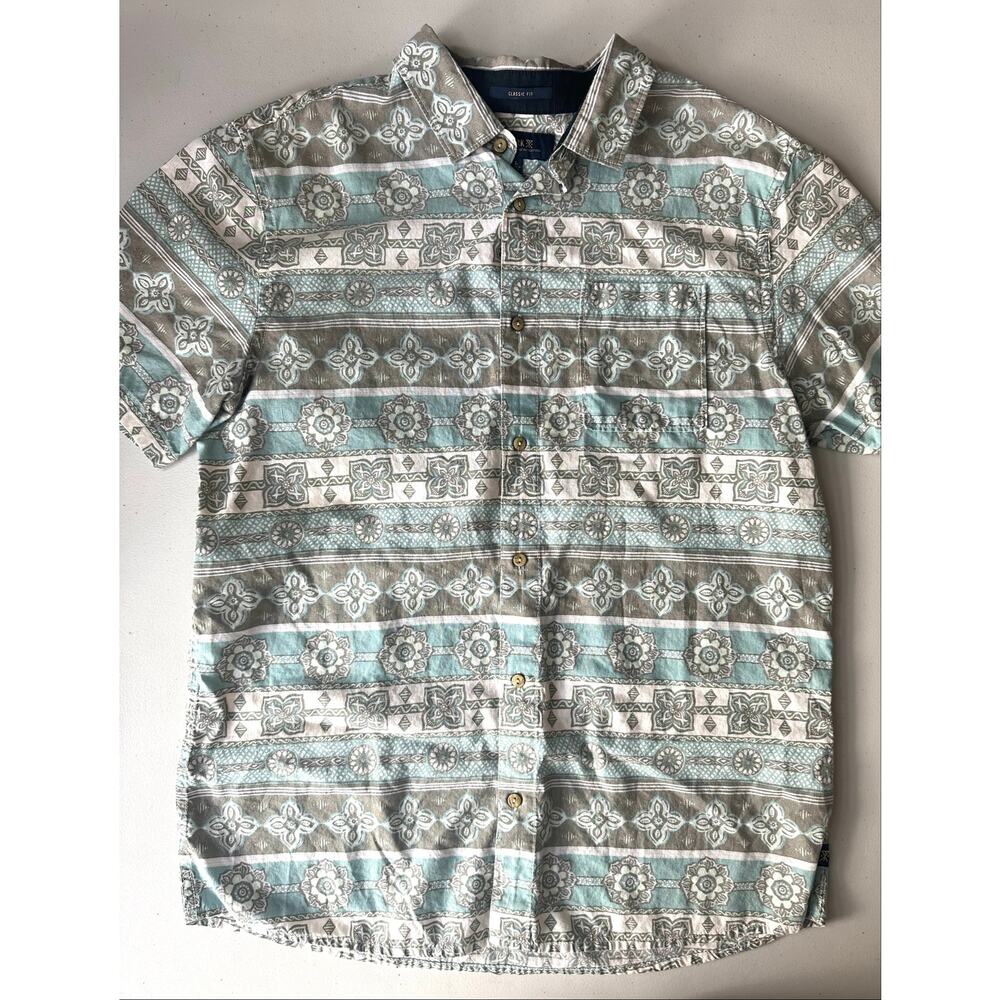 Roark Revival Darna Woven Shirt Light Blue Linen Blend Geometric Men's Size L